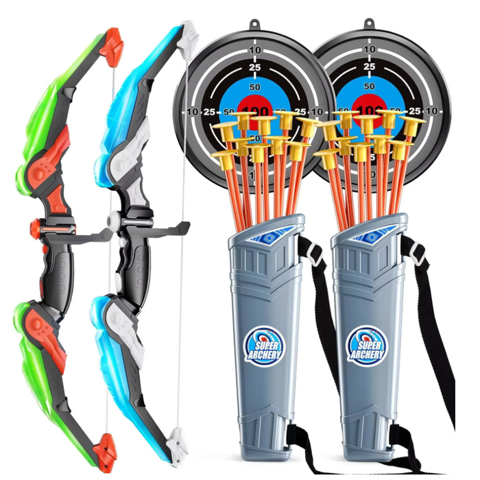Kids LED light-up bow and arrow archery set - Twin pack blue and green